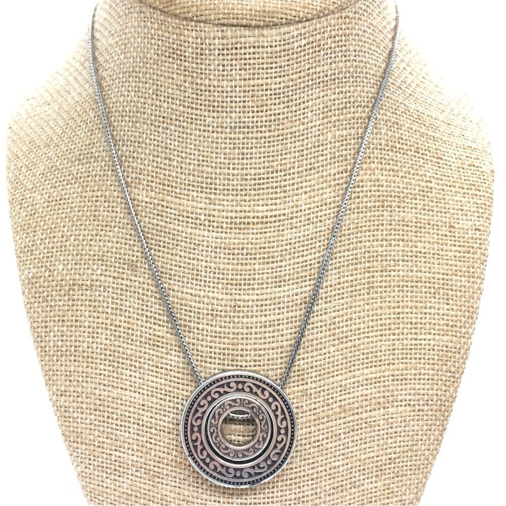Brighton Necklace Circle Medallion Etched Silver Plated Pendant Scroll Chain